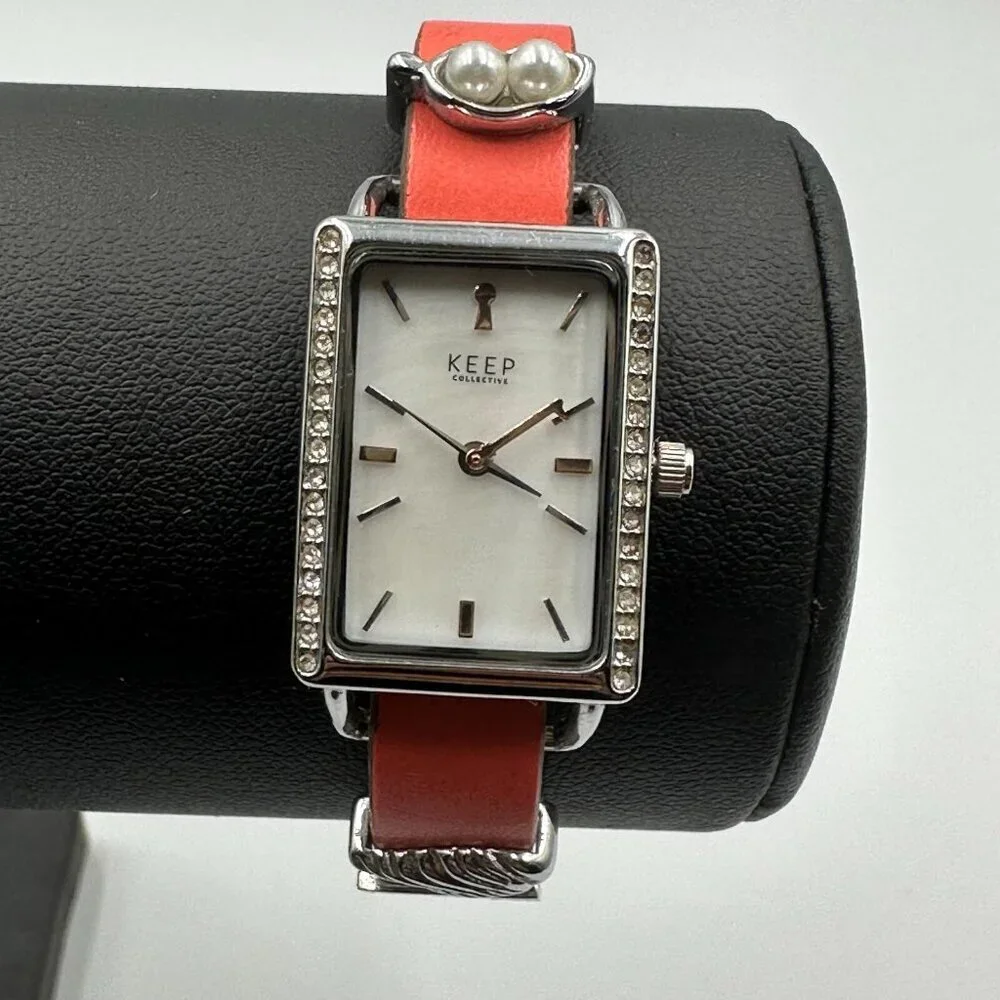3/$30 Keep Collective Watch Women Silver Tone Orange Reversible Band New Battery